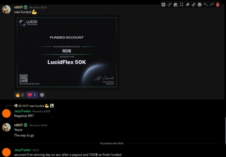 Discord: rdb01 posts a LucidFlex 50K funded account certificate and confirms it was done with Negative RR